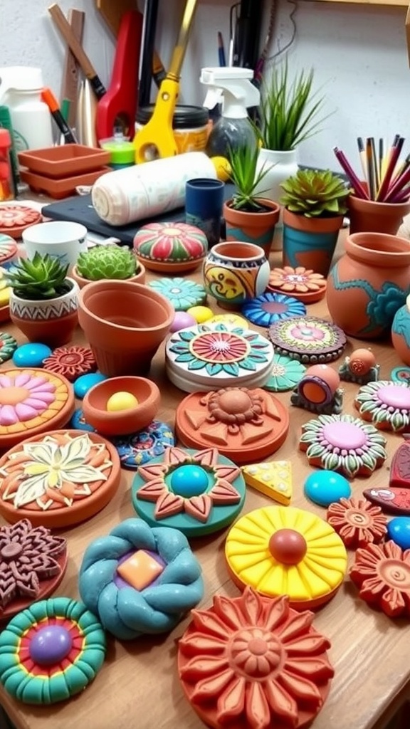 Handmade clay crafts like coasters, jewelry, and pots on a crafting workspace.